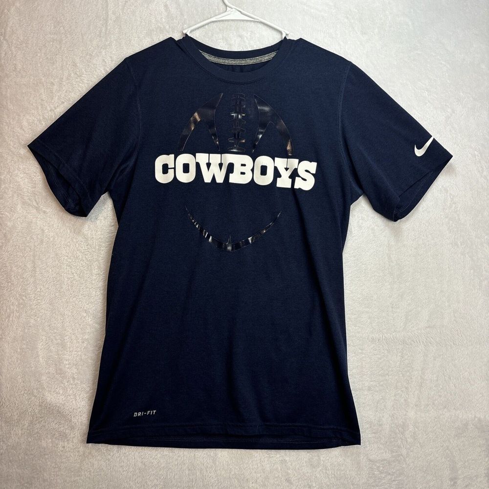 Dallas Cowboys Shirt Men Small Blue White Tee Nike Dri Fit Spell Out NFL Adult